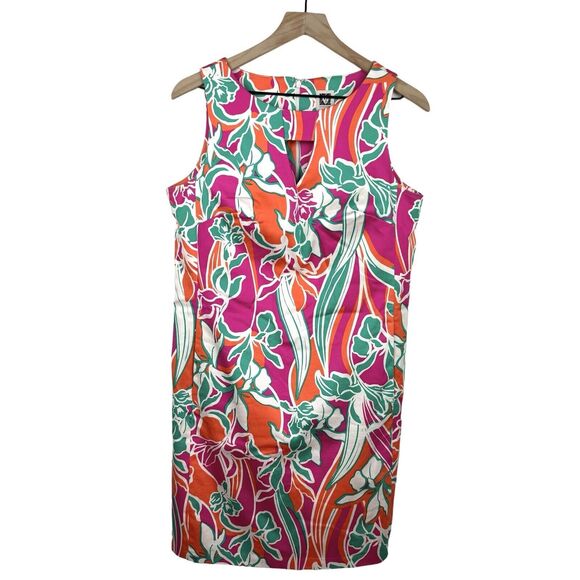 Anne Klein Sleeveless Shift Dress 8 Tropical Flowers Bright Orange Pink Pocket - Picture 1 of 9